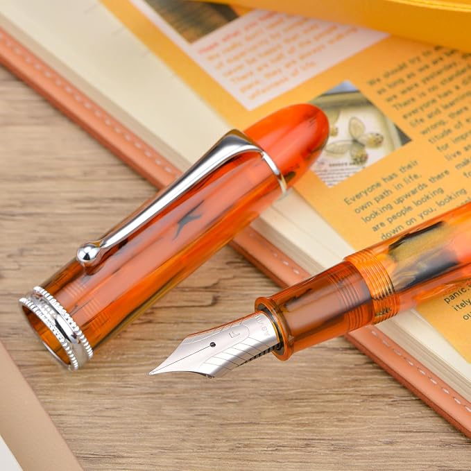 Asvine V800 Fountain Pen – Vacuum Filling System with Large Ink Capacity – Smooth Number 8 Medium Nib with Gift Case and Wrench- Amber Acrylic