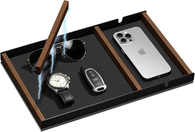 Valet Tray For Men With Magnetic Wooden Strip*2,Can Freely Adjustable Space | Metal And Walnut Desk Pen/Key/Drawer Organizer Tray Nightstand Tray Organizer Decor For Wallet,Watch,Phone,Men's Gift