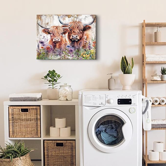 Rustic Cow Pictures Wall Decor Bathroom Farmhouse Highland Cow Wall Art Living Room Vintage Wildflower Cattle Poster Bedroom Farm Animal Canvas Prints Modern Artwork Kitchen Bed Home Decoration 16x24”