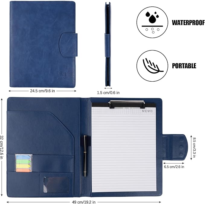 A4 Leather Portfolio Professional Organizer Padfolio,Interview Resume Folder with Magnetic Cover,Conference Document Organizer with Papers,Sticky Tabs,Pen,Work Folio for Women & Man,Retro Blue