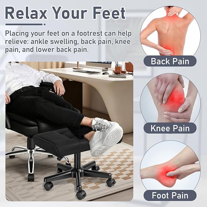 Footrest Under Desk Leg Rest Ottoman Adjustable Height Foot Stool with Wheels Leather Footrest for Home Office, Large (Black)