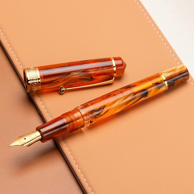 Asvine P20 Piston Fountain Pen Amber Resin, Iridium Medium Nib Gold Trim Smooth Writer Collection with Case Set