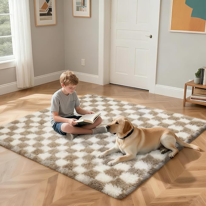 Checkered Rug for Bedroom, 2x4 Beige and White Area Rugs, Classic Checkered Carpets Shag Area Rug, Bedside Rugs for Living Room Bedroom Room Home Decor
