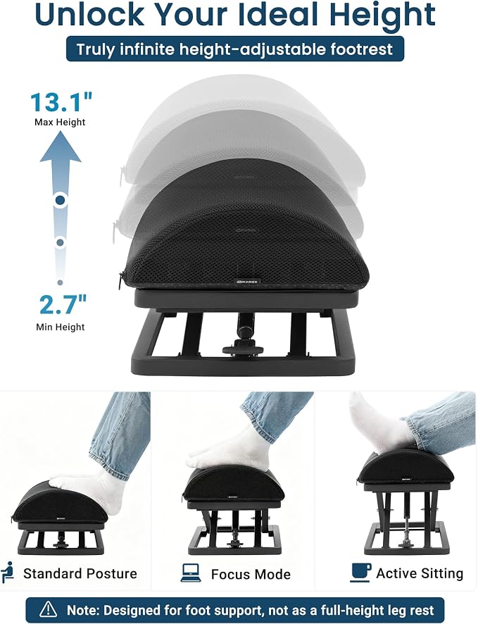 Truly Infinite Height Adjustable Footrest｜No Bending Needed—Foot Step-to-Adjust｜2.7"-13.1" Height｜Washable｜Foot Rest Stool for Under Desk at Work, Office/Home/Gaming/Study Desk Essentials