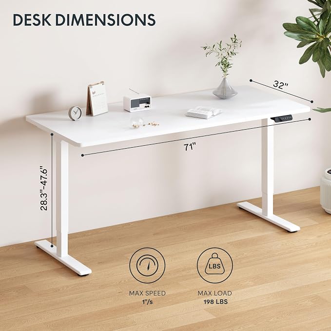 FLEXISPOT 71"x32" Electric Standing Desk, White | Dual Motor, 198 LBS Capacity, Spacious Workspace, Multi-Monitor Setup, Home Office & Creative Studio