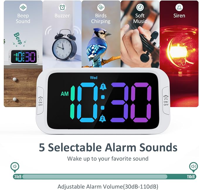 Odokee Digital Dual Alarm Clock for Bedroom with 0-100% Dimmable Display | RGB Electric Alarm Clock for Kids with Weekday/Weekend Mode - Loud Alarm for Heavy Sleepers with 5 Sounds Adjustable Volume