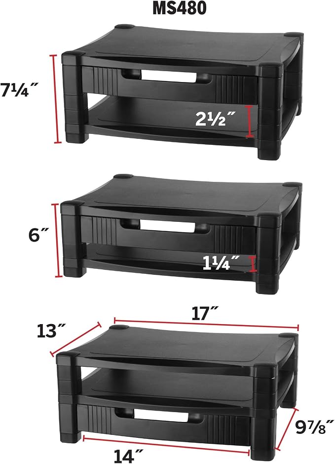 Kantek Two-Level Monitor Stand, 17" X 13.25" X 3.5" To 7", Black, Supports 50 Lbs