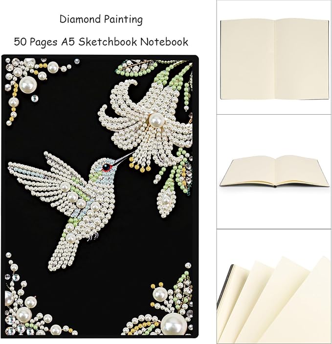 FRANDEK Pearl Painting Notebook Kit, Bird Flower A5 DIY Journal with 50 Blank Pages, Diamond Gem Art Cover with Waterproof Canvas, Beginner Craft Set with Full Tools for Adults