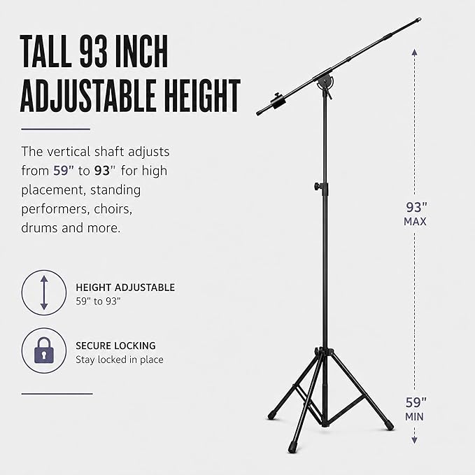 LyxPro SMT-1 Professional Microphone Stand Heavy Duty 93” Studio Overhead Boom Stand 76” Extra Long Telescoping Arm Mount, Foldable Tripod Legs & Adjustable Counterweight | OVERHEAD STUDIO BOOM STAND: Tall 93 inch mic stand with 76 inch boom for drums,...