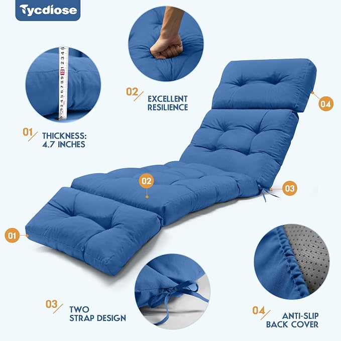 Chaise Lounge Cushions Outdoor Set of 2, 74.4 x 22 x 4.7 Inch Thickened Lounge Chair Cushions Waterproof for Outdoor Furniture with Ties, Non-Slip Patio Pool Chaise Lounge Cushion, Royal Blue