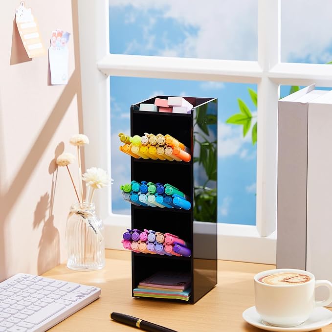 MotiMind Acrylic Pen Organizer Storage for 50 Markers Vertical Marker Organizer Acrylic Pen Display Holder for Office Desk Desktop Stationery Pencil Storage, Black, 3.4 x 4 x 10.2 Inch