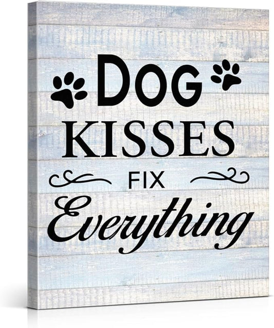 Funny Farmhouse Dog Canvas Wall Art Decor Dog Kisses Fix Everything Rustic Sign Painting Plaque Vintage Animal Pictures Print Home Decoration (11.5 X 15 Inches, Framed)