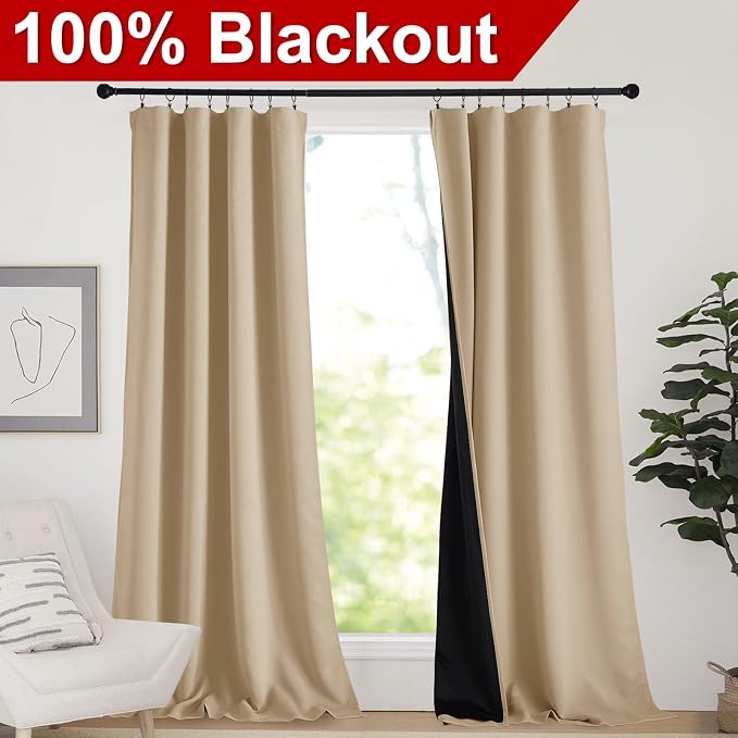 NICETOWN Thermal Insulated 100% Blackout Curtains, Noise Reducing Drapes with Black Backing, Rod Pocket Full Light Blocking Panels for Patio Sliding Door (Biscotti Beige, 2 PCs, 52-inch x 108-inch)