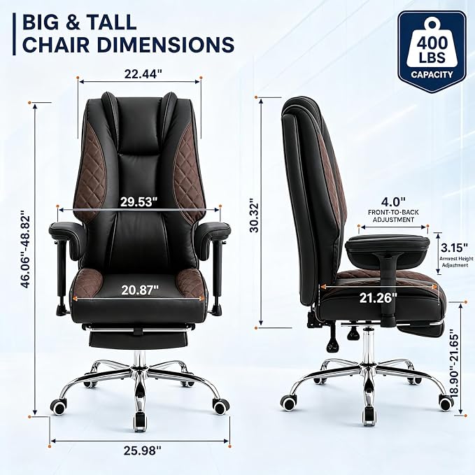 Big and Tall Office Chair，Heavy Duty Wide Executive Office Chair | Breathable Leather，Double-layered Backrest，Seat Cushion Designed of Deluxe Embroidery Leather，Foot Rest, Adjustable Armrests