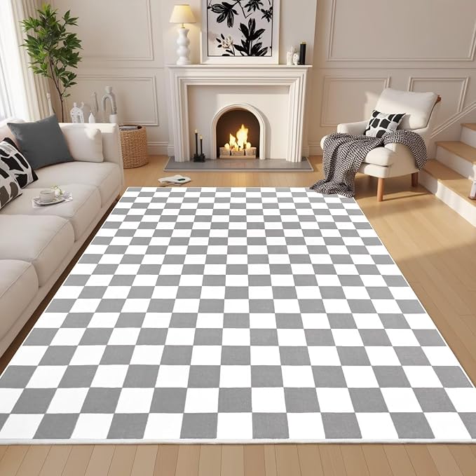 Terrug Grey and White Checkered Rug for Living Room,6x9 Area Rugs Washable with Non Slip for Bedroom,Soft Low Pile Stain Resistance Retro Carpet for Dorm Kids Room