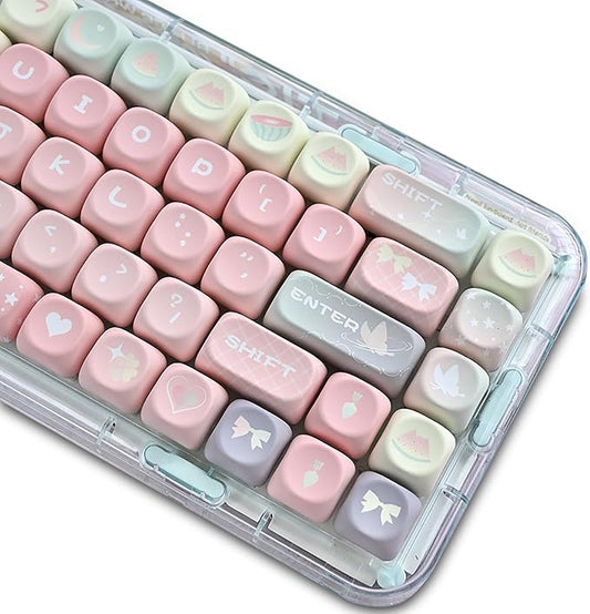 Cute MOA Keycaps,Gradient Pink Kawaii Round Keycaps Custom 133 Keys Keycap Set Thick PBT Keycap for Cherry MX Switch 75% 60% Mechanical Gaming Keyboard Creamy Watermelon Key Cap