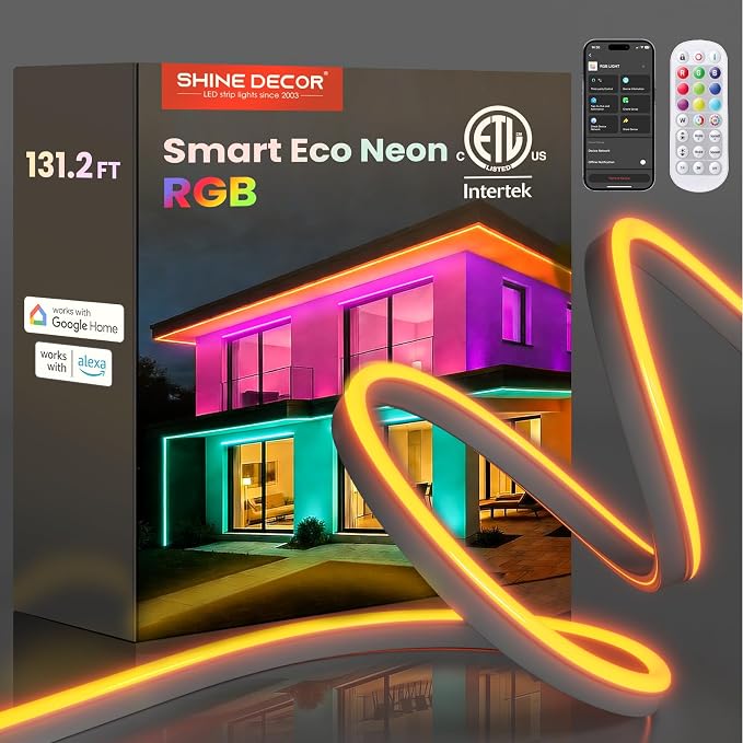 Shine Decor Smart LED RGB Neon Rope Lights AC 120V, ETL Expandable Color Changing Dimmable with Remote Compatible with Alexa, Google Assistant, Cold-Resistant & IP65 Waterproof, 8x16 mm, 131.2FT