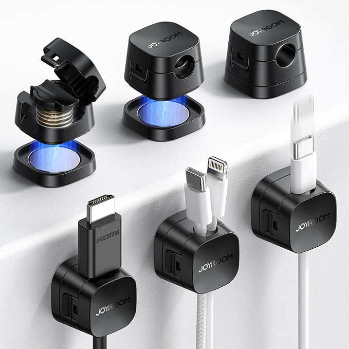 JOYROOM Detachable Magnetic Cord Organizer w/Secure Snap-Lock, 2-in-1 Adhesive& Magnetic Cable Clips, Auto-Fit Spring Management for φ1.5~8mm Cables, Under Desk Nightstand Home Office Car Wire Keeper