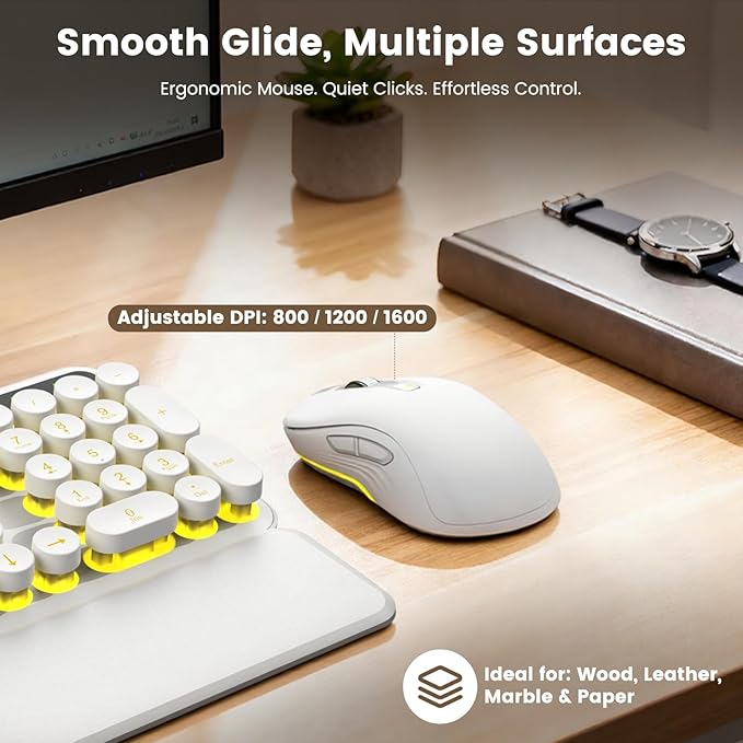 Wireless Keyboard and Mouse Combo, Backlit Round Keycaps, Retro Typewriter Keyboard with Detachable Wrist Rest, Rechargeable & Tilt Legs, 2.4GHz Cordless Connection for Windows/PC (Glowing White)