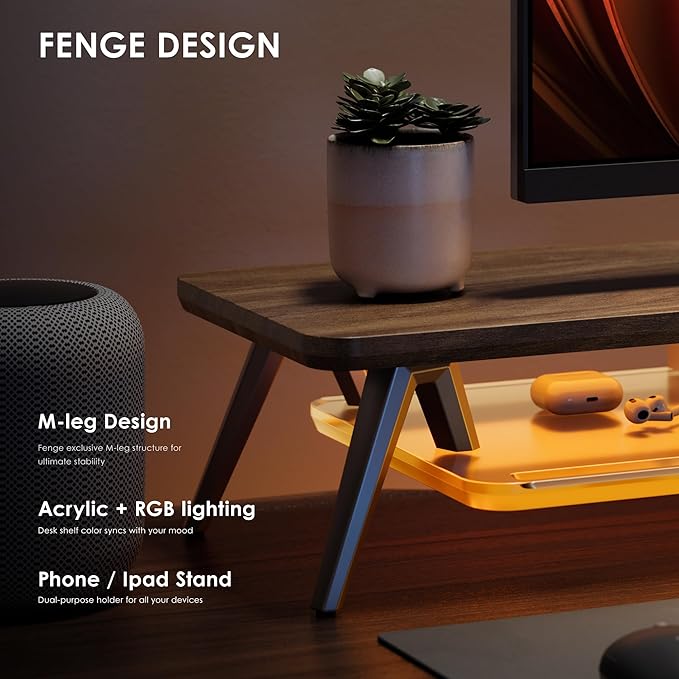 Fenge Dual Monitor Stand with 8-Mode LED Lights and Frosted Shelf, Brown | Sturdy Aluminum Legs, Built-In Phone & Tablet Slot, 2-Tier Storage, 42.5-Inch Desk Shelf for Gaming, Home Office & Streaming