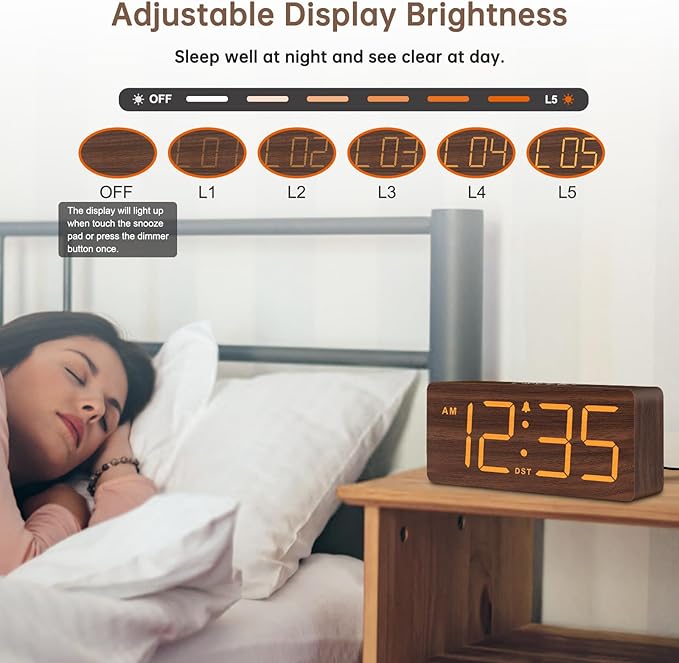 DreamSky Wooden Digital Alarm Clock for Bedroom with Large Numbers | Desk Clock for Living Room Office, Loud Alarm for Heavy Sleepers Adults, Volume Control, Dimmer, DST, Wood Decor (Plug-in)