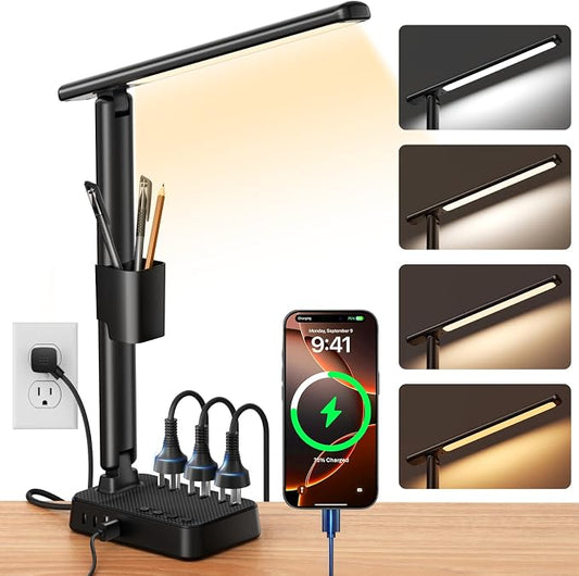 LED Desk Lamp with Power Strip, 3 AC Outlets & 4 USB Ports (2 USB-C), Stepless Dimming & 2800K-6500K Eye-Caring Desk Light, Foldable Table Lamp for Home Office, Dorm Room Essentials(10FT)