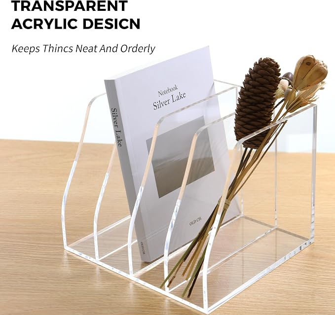 Acrylic Magazine File Holder, 4 Vertical Compartments Desk Document Sorter Organizer, Clear Folder Rack Binder for Office/Home/Classroom, for Documents, Tablet, Magazines, Books & Accessories