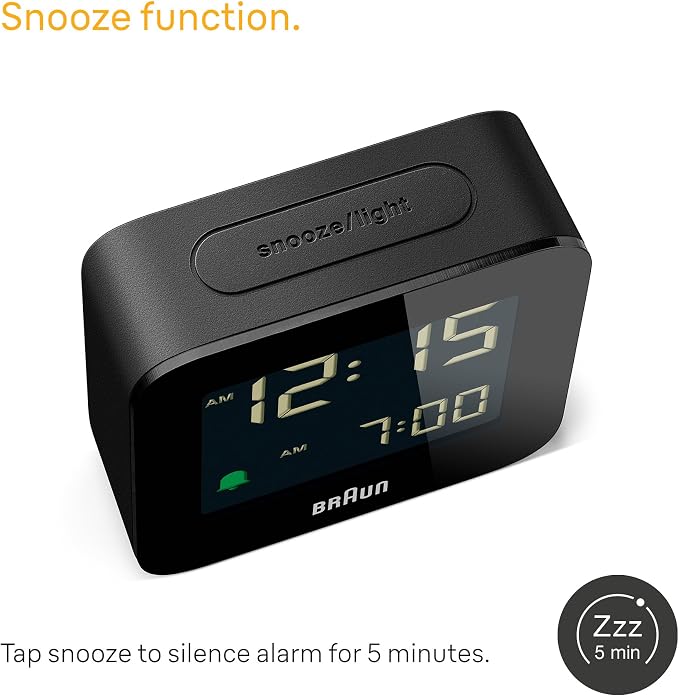 Braun Digital Travel Alarm Clock with Snooze, Compact Size, Negative LCD Display, Quick Set, Crescendo Beep Alarm in Black, Model BC08B (1-Pack)