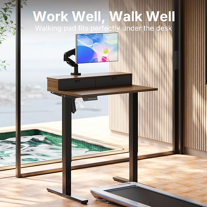 HUANUO 32 x 21 inch Small Electric Standing Desk with 2 Drawers, C-Clamp Mount Compatible, Height Adjustable Sit Stand Desk, Home Office Stand Up Desk with 4 Memory Height Settings, Walnut