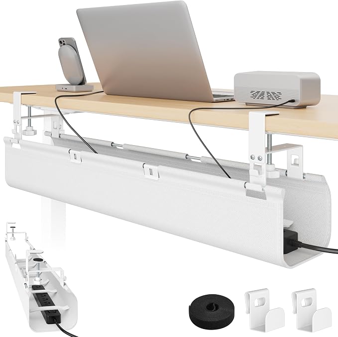 No Drill Under Desk Cable Management Tray, 31.5" Fabric Organizer | Clamp/Screw Premium Mount Cord Holder, for Power Strips, Adapters, with 2 Hooks & 1 Tie Roll for Home Office Gaming, White