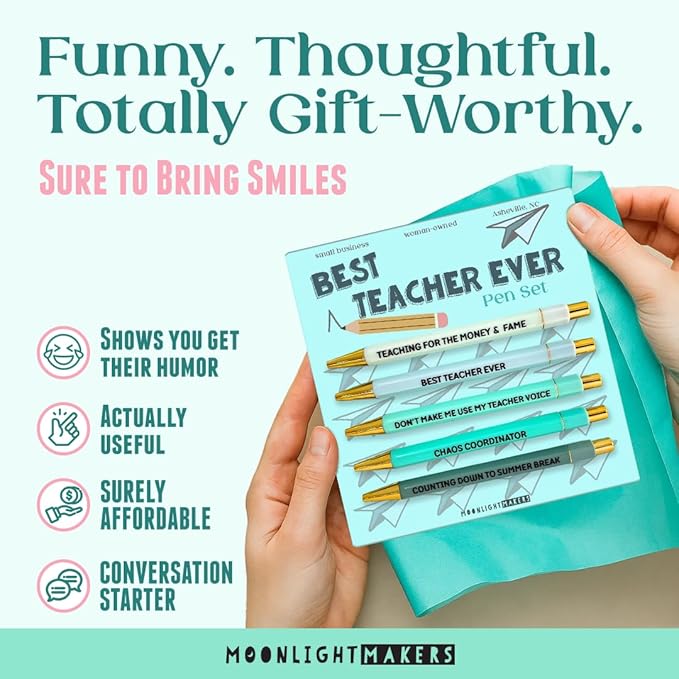 Moonlight Makers Funny Pens — Cute Pens for Teachers, Snarky Black Ink Ballpoint with Sayings, Fine Point Office Desk Accessories for Women and Coworkers Gift Ideas, Set of 5, Best Teacher Ever