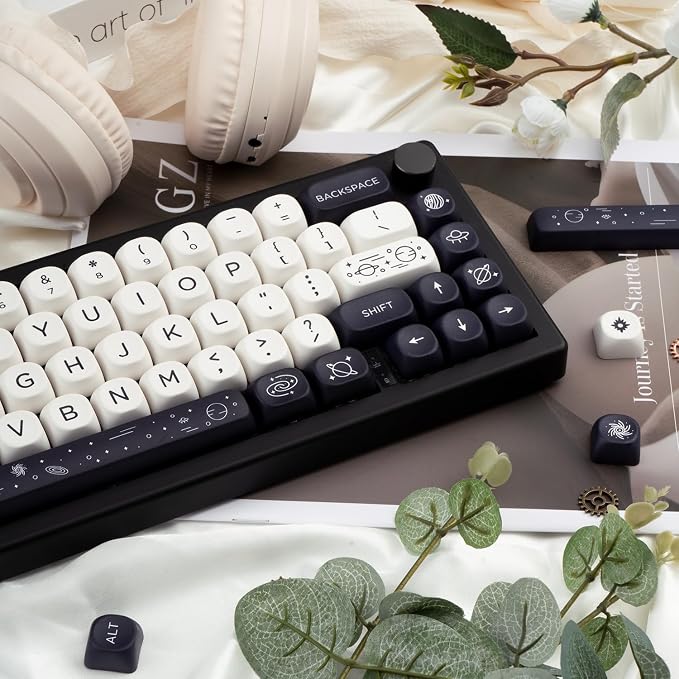 MOA Keycaps 126 Keys PBT Keycaps Dye-Sublimation Custom Keyboard Key Caps Set for Cherry Gateron MX Switches Mechanical Keyboards, Black White Space Theme Key Caps