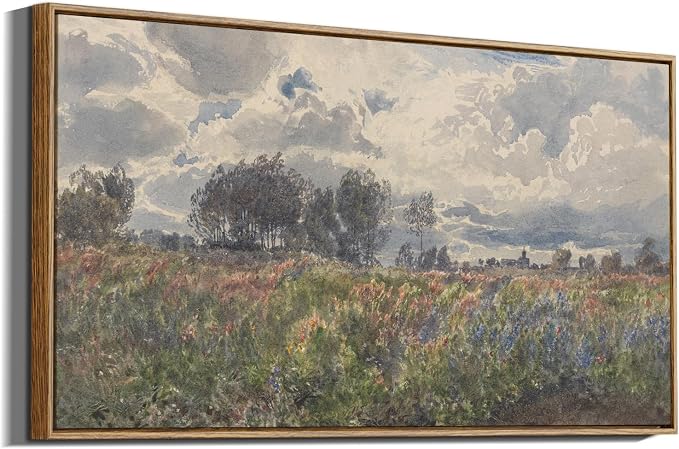 InSimSea Extra Large Framed Vintage Wall Art, Living Room Farmhouse Decor, Watercolor Flower Sky Field Landscape Paintings Canvas Prints, Scenery Long Picture for Bedroom Above of Bed,20x40inch