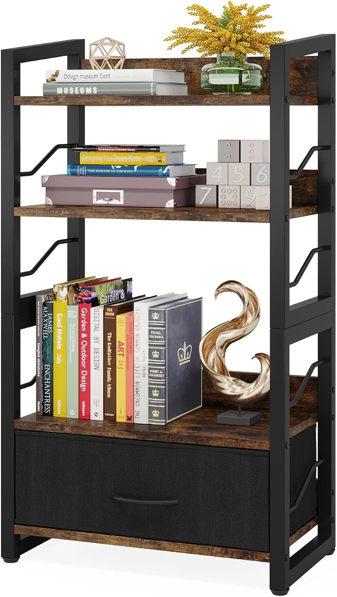Hosfais Small Bookshelf with Drawer: 4-Tier Wood Book Shelf Industrial Narrow Bookcase Storage Organizer Metal Stackable Shelves for Desktop Bedroom Living Room Home Office (Rustic Brown)