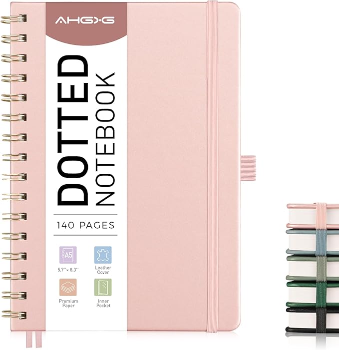 AHGXG Dotted Journal Spiral Notebook 8.5" x 11", Large A4 Leather Hardcover Dotted Notebook, 100 GSM Thick Dot Grid Paper, Inner Pocket, for Dotted Journaling, Rose Gold
