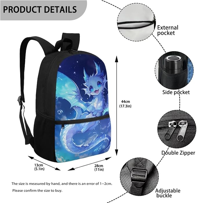 WELLFLYHOM 4PCS Blue Ice Dragon Backpack Set for Elementary School Kids 6-11, Girls 17inch Cute Backpack with Lunch Box for Back to School, Lightweight Bookbag Reduce Shoulder Pressure