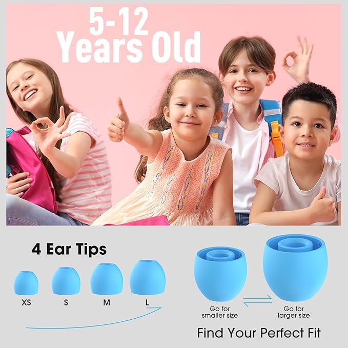 2 Pairs Kids Ear Plugs for 5-12 Yr, 27 dB Noise Reduction Extra Small Earplugs, Ear Plugs for Kids for Noise Sensitivity, Socializing, Sleep, Focus, 4 Sizes Ear Tips in XS-L (2X Blue)