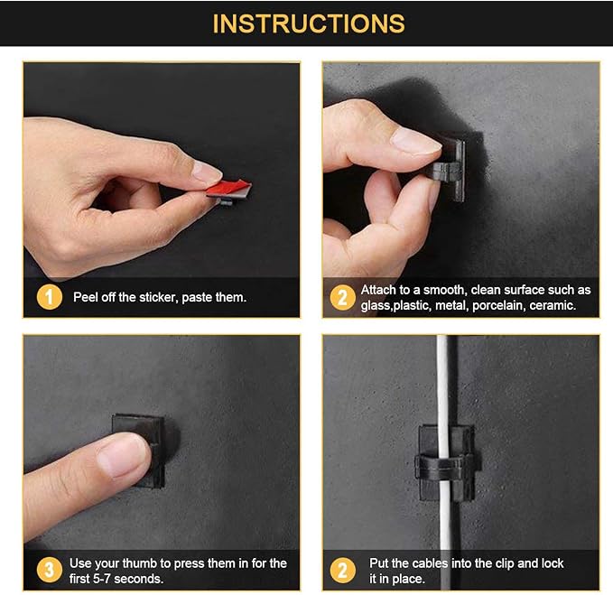 Cable Clips Self with 3M Adhesive Cord Organizer, Wire Holder Clamp Management Sticky for Desk Car Dash Cam Tables Wall, Black 50pcs