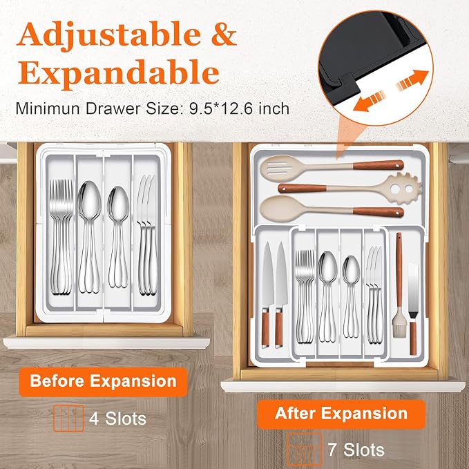 Silverware Drawer Organizer, Adjustable Utensil Tray for Kitchen Drawer, 19 x 15 Inches Flatware and Cutlery Holder, Expandable Plastic Storage for Spoons Forks Knives, 4-7 Slots, White