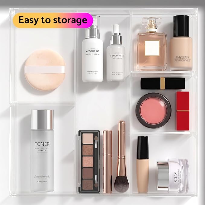 Acrylic Drawer Organizer, 6 Section Clear Makeup Tray Organizer for Drawer Office Bedroom(11.8x11.8 inch)