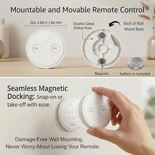 LoraTap Wireless Outlet - Ergonomic Round Remote (Comfort Grip!) + Magnetic Wall Base - Stick & Grab, No Wall Damage - 15A/1875W 100ft Range - Control for Hard-to-Reach Sockets, No More Bending