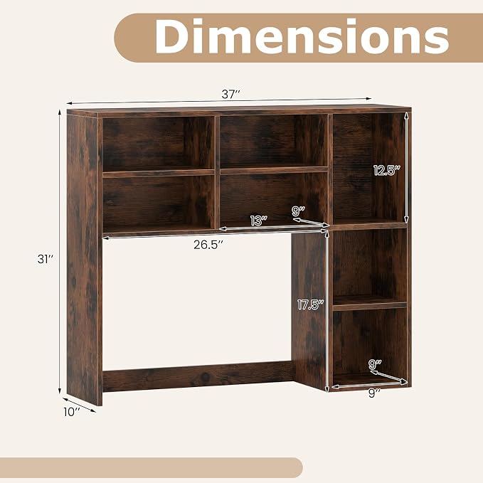 Tangkula Desktop Bookshelf, 37" Countertop Storage Hutch with 7 Cubes & 3 Adjustable Shelves, 3-Tier Desk Display Rack Organizer, Multipurpose Wood Desktop Hutch for Dorm Home Office (Rustic Brown)