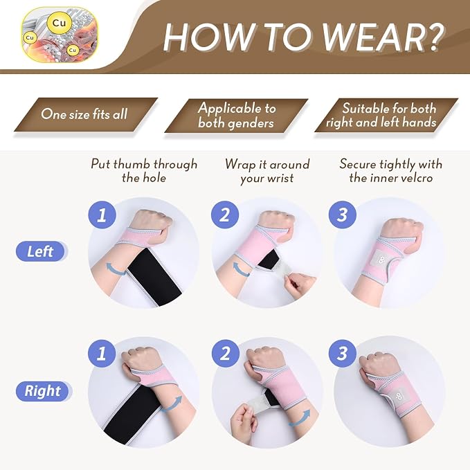 INDEEMAX 2 Pack Copper Wrist Brace Support for Carpal Tunnel, Pain Relief, Arthritis, Tendonitis, Adjustable Wrist Braces Compression Wraps Both Hands, Fit for Men and Women, Pink