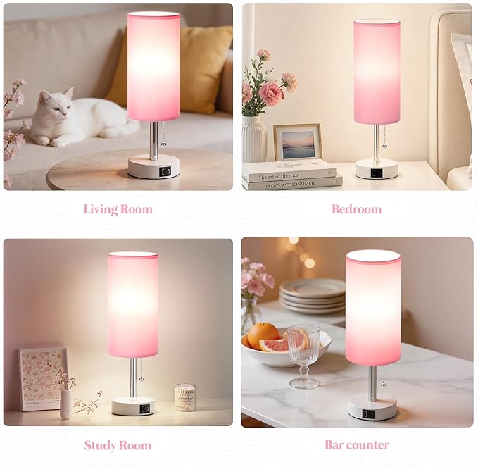 Dicoool Pink Bedside Table Lamp for Bedroom, Small Nightstand Lamp for Girls Kids, 3 Color Temperatures & USB Charging Port, Cute Desk Lamp for Teens Room Decor, Dorm Room Essentials