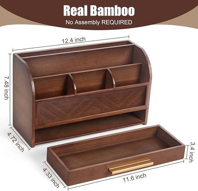 Brown Desktop Organizer with Drawer Storage, White Desk Organizer Mail Holder Mail Organizer Countertop Pen Holder Letter Sorter Make up Organizer for School Home Office Supplies