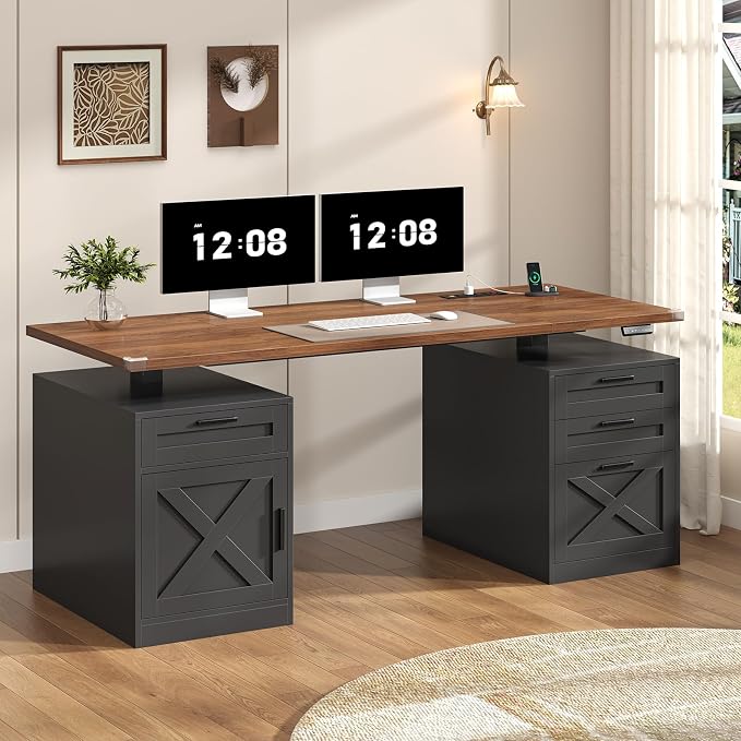 YOMILUVE 60" Farmhouse Electric Standing Desk with Drawers for Home Office | Height Adjustable Computer Desk with 4 Drawers & Storage Shelves, Wood Sit Stand Desk with Power Outlets for Work, Study