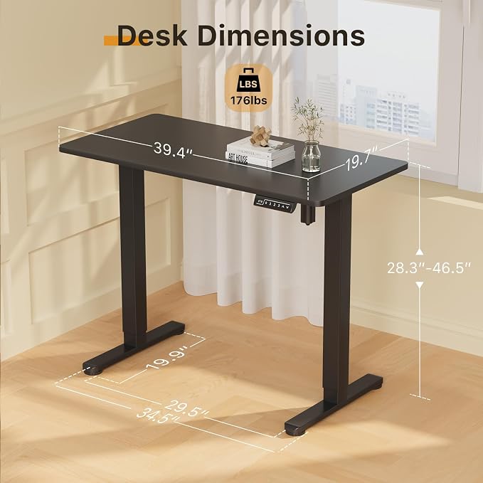 JOY worker Small Electric Stand Up Desk, 40" Whole Piece Height Adjustable | 40" x 20" Black Narrow Standing Desk with Memory Controller, Compact Computer Workstation for Home Office School Walking Pad