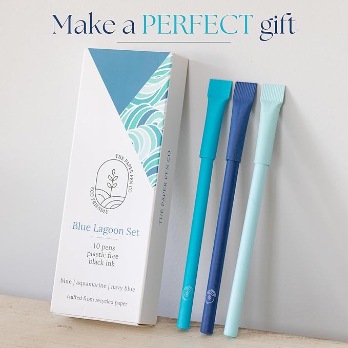 eco-friendly pen - crafted from 100% recycled paper, plastic-free, black Ink, pack of 10, Blue Lagoon set