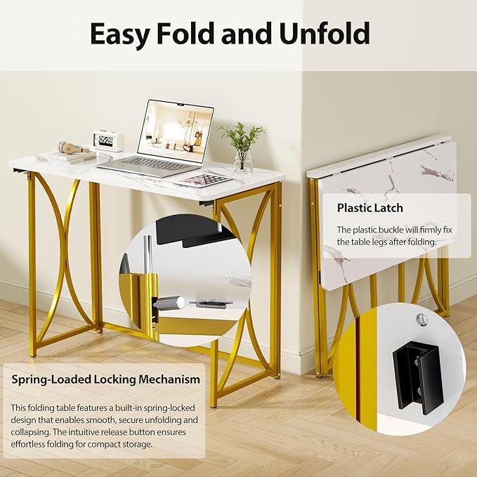 Folding Desk, 31.5" Small Desk for Bedroom, Space Saving Foldable Computer Desk for Home Office, Easy Assembly, White and Gold