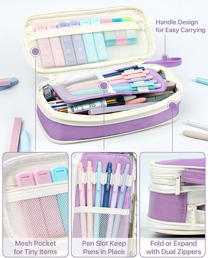 Four Candies 56 PCS Stationery Set, Cute Storage Case with Supplies, 6 Multicolor Pens, 12 Pastel Highlighters, 5 Gel Pens Black Ink, 9 Mechanical Pencils for College Essentials Stuff (Purple)